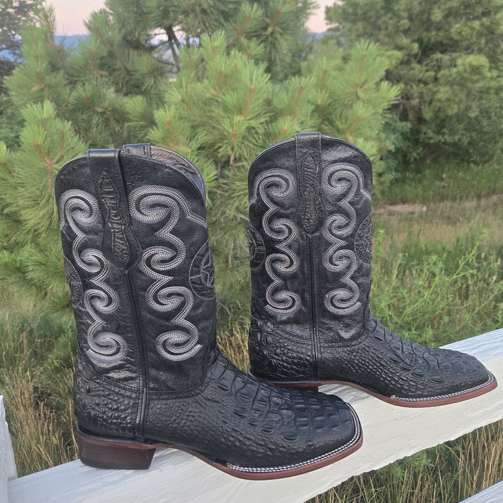 BLACK SIZE 11 MENS CROC EMBOSSED GENUINE LEATHER COWBOY BOOTS